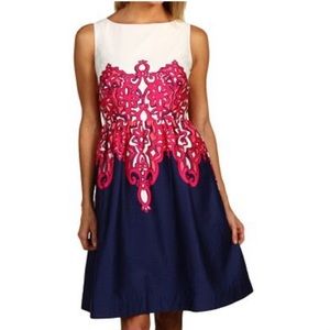 Lilly Pulitzer Eryn Dress Chorus Girl Print Blue Pink Fit & Flare 8 Pockets Midi